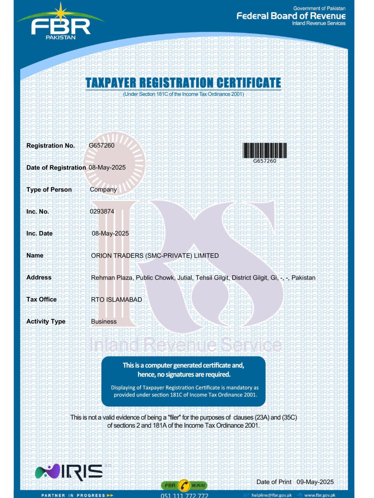 ORION TRADERS (SMC-PRIVATE) LIMITED..... Registration Certificate